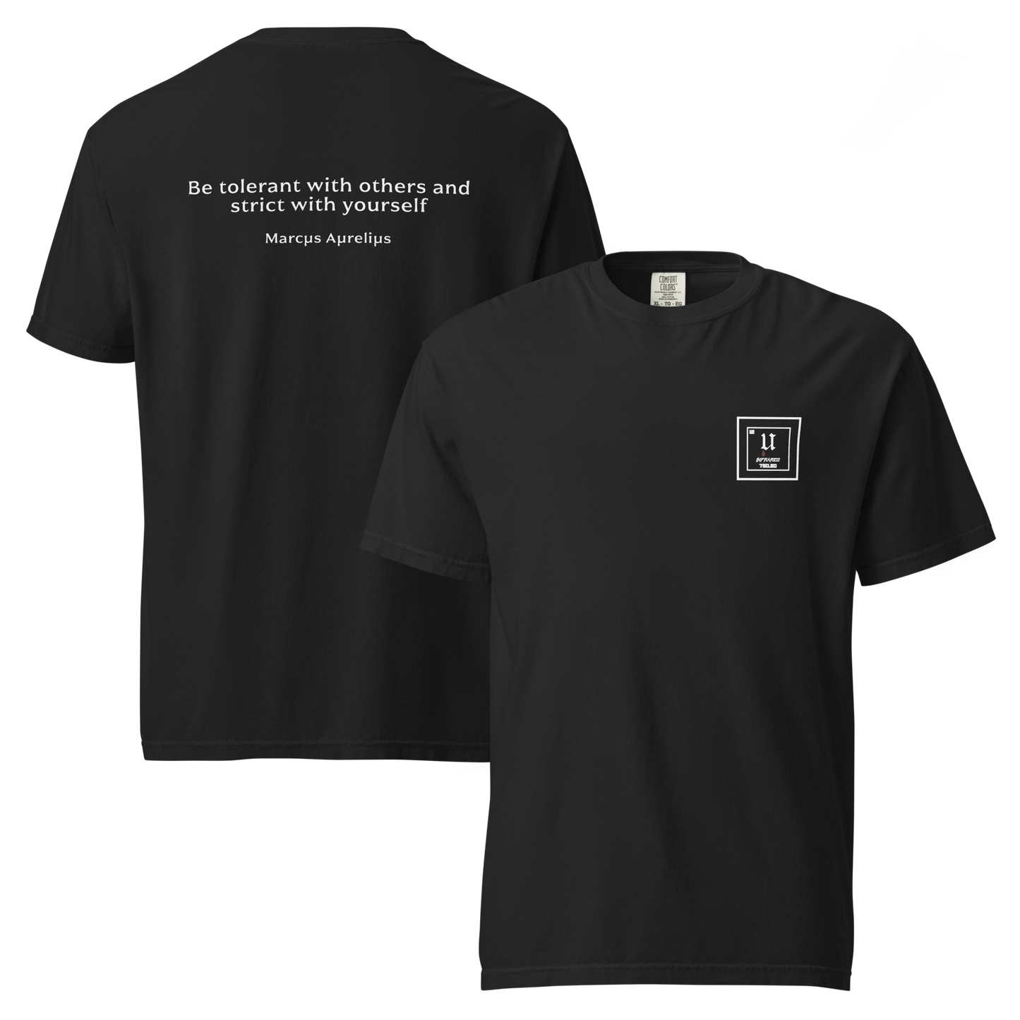 Black t-shirt with a quote on the back and a logo on the front, displayed on a white background. Marcus Aurelius