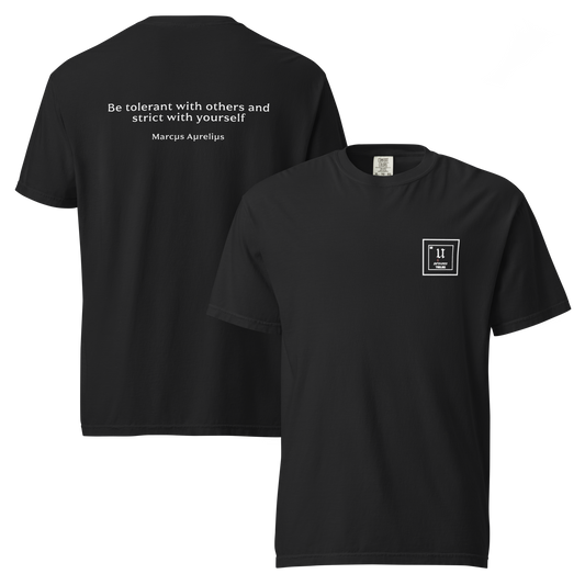 Black t-shirt with a quote on the back and a logo on the front, displayed on a white background. Marcus Aurelius